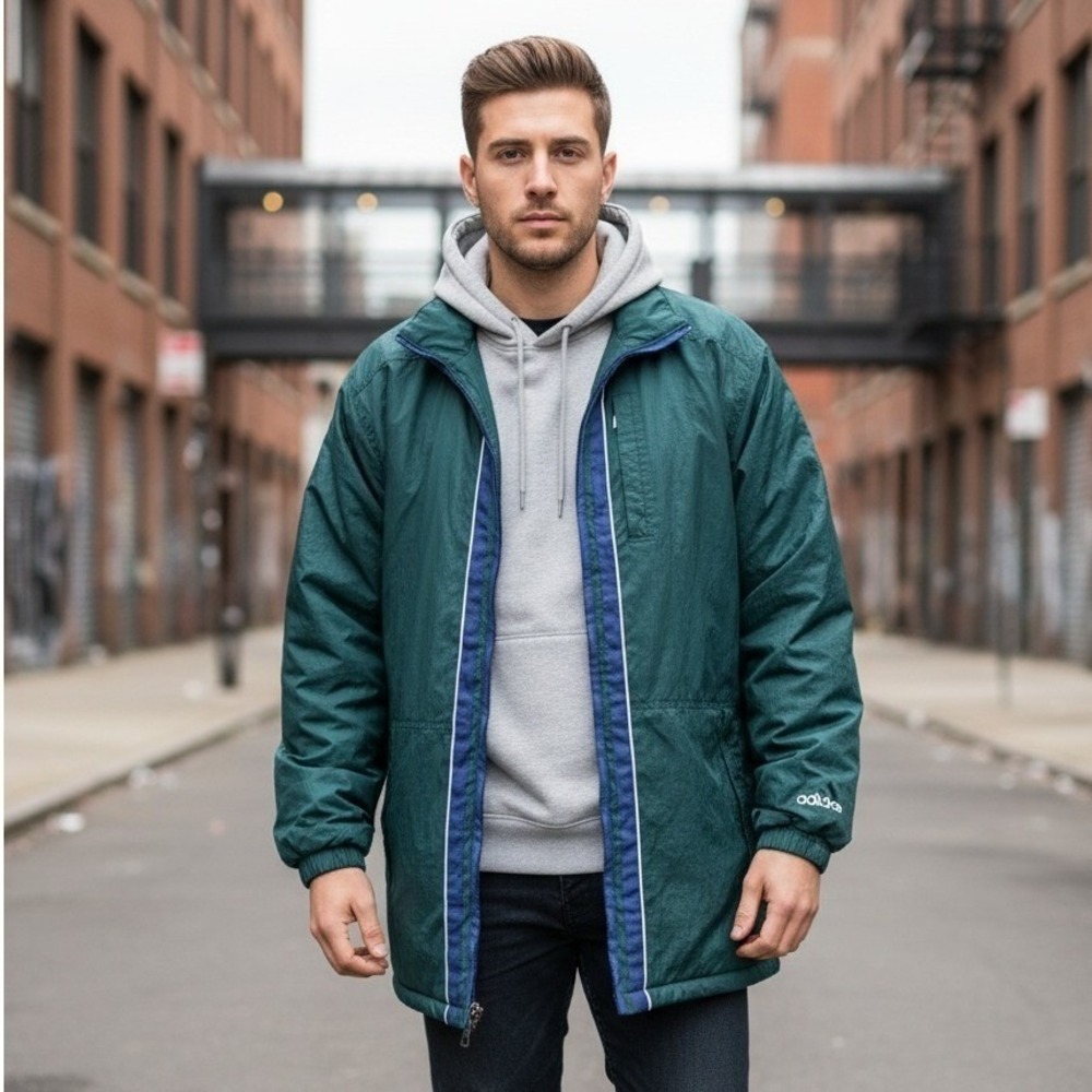 Adidas Quilted Lined Jacket Men's XL Blue Green Casual Winter Warm Coat Outdoor